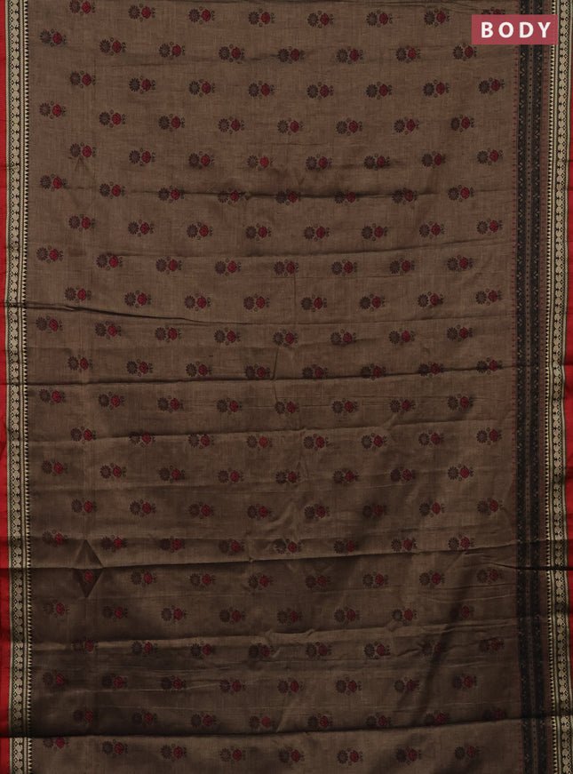 Narayanpet cotton saree chikku shade and red with block prints and thread woven border