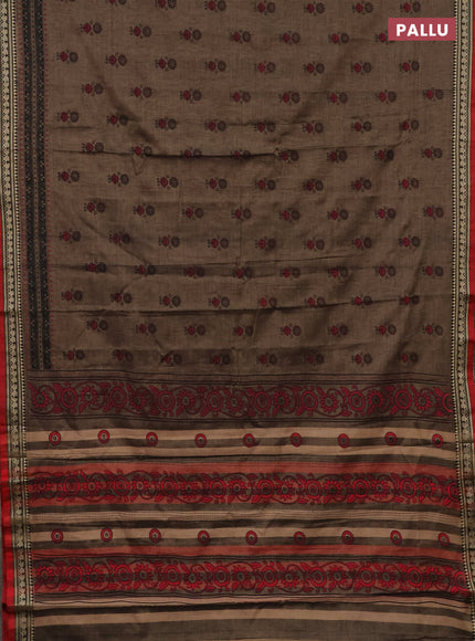Narayanpet cotton saree chikku shade and red with block prints and thread woven border