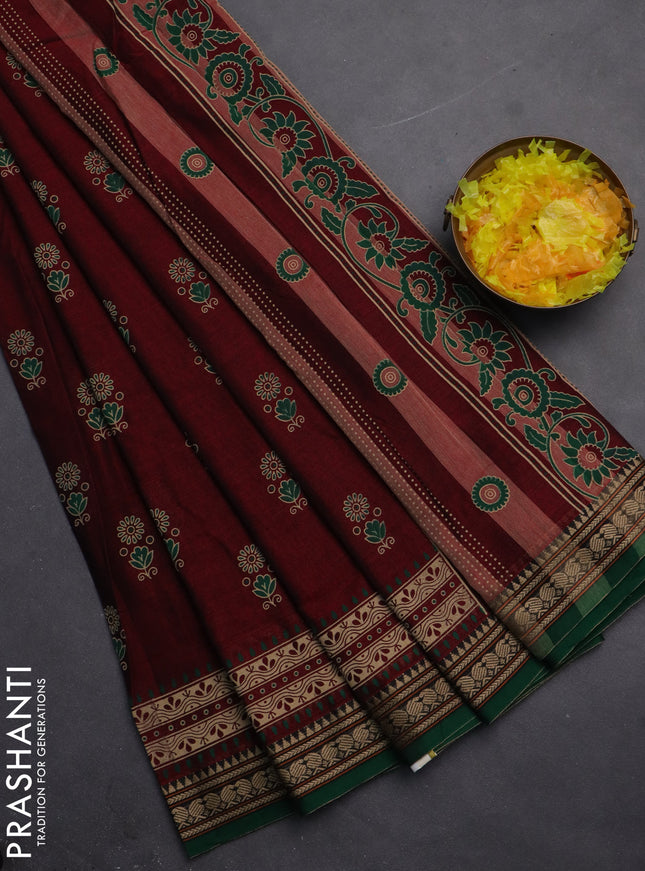 Narayanpet cotton saree maroon and green with block prints and thread woven border
