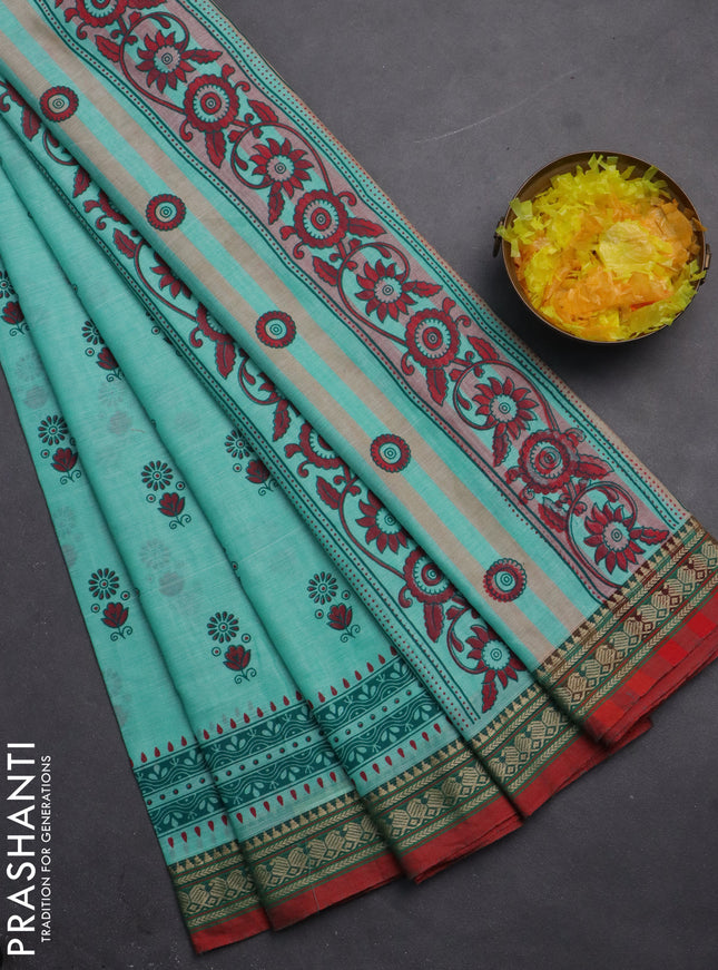 Narayanpet cotton saree teal green shade and red with block prints and thread woven border