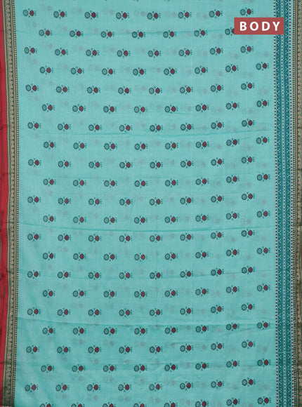 Narayanpet cotton saree teal green shade and red with block prints and thread woven border