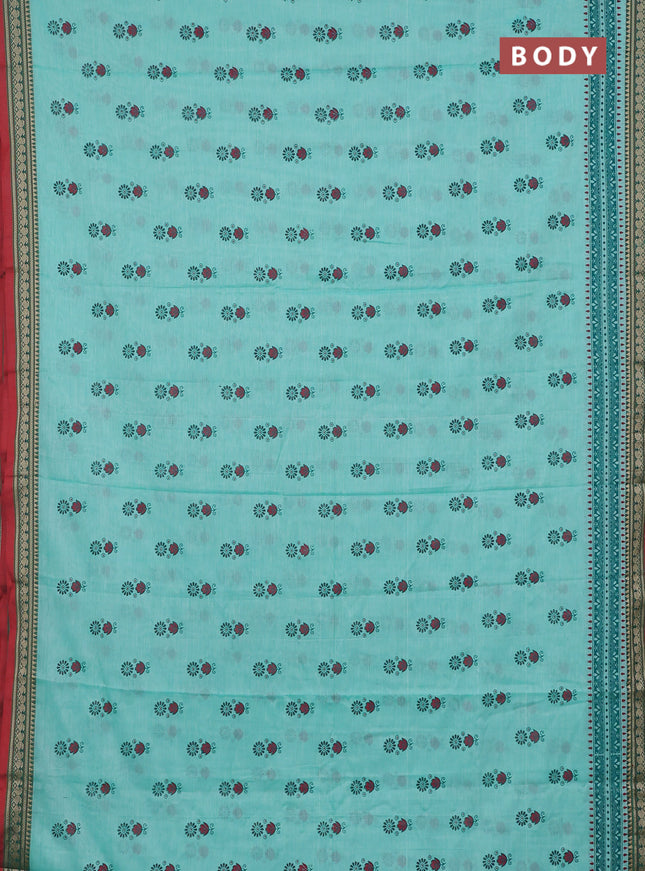Narayanpet cotton saree teal green shade and red with block prints and thread woven border