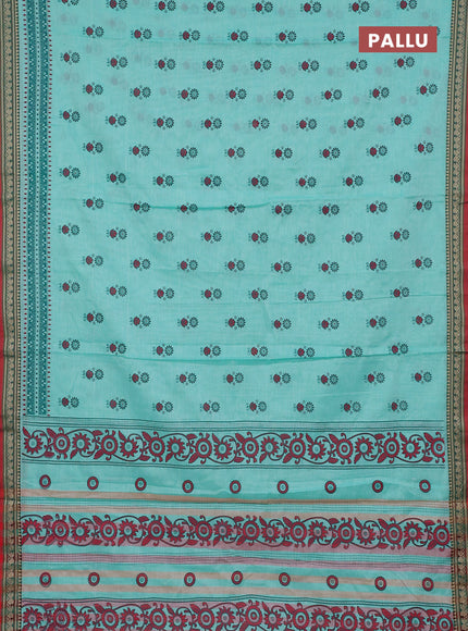 Narayanpet cotton saree teal green shade and red with block prints and thread woven border