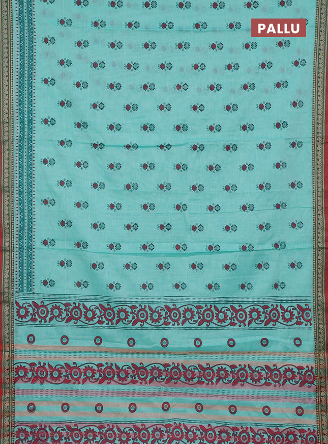 Narayanpet cotton saree teal green shade and red with block prints and thread woven border