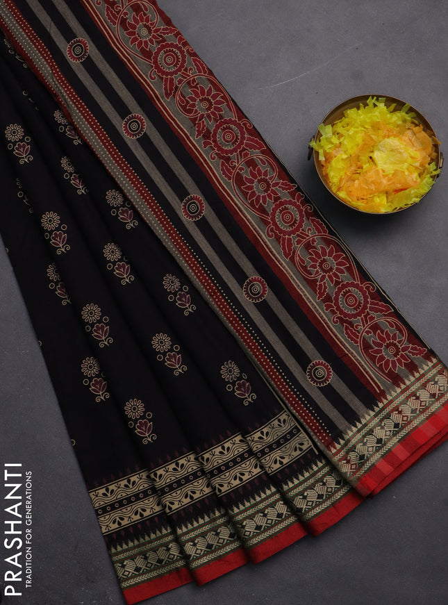Narayanpet cotton saree black and red with block prints and thread woven border
