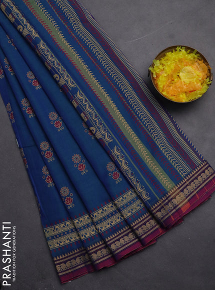 Narayanpet cotton saree dual shade of bluish green and purple with block prints and thread woven border