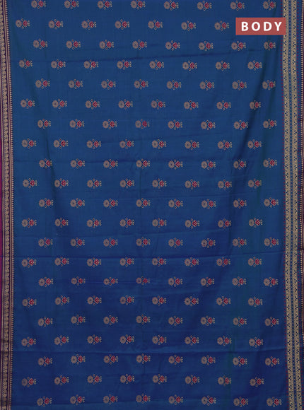 Narayanpet cotton saree dual shade of bluish green and purple with block prints and thread woven border
