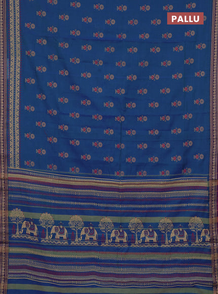 Narayanpet cotton saree dual shade of bluish green and purple with block prints and thread woven border