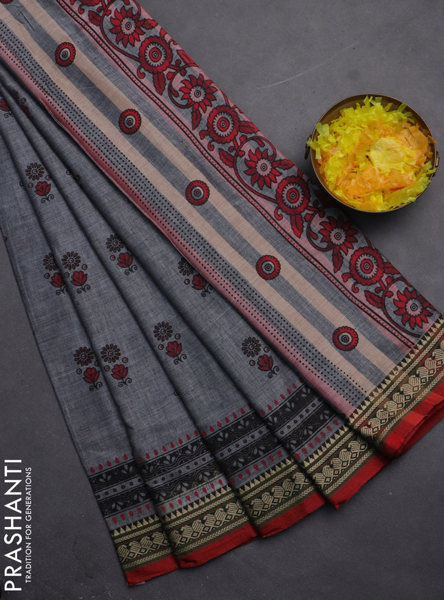 Narayanpet cotton saree grey and red with block prints and thread woven border