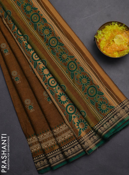 Narayanpet cotton saree dark mustard and green with block prints and thread woven border