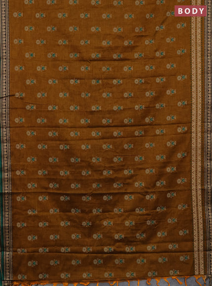 Narayanpet cotton saree dark mustard and green with block prints and thread woven border
