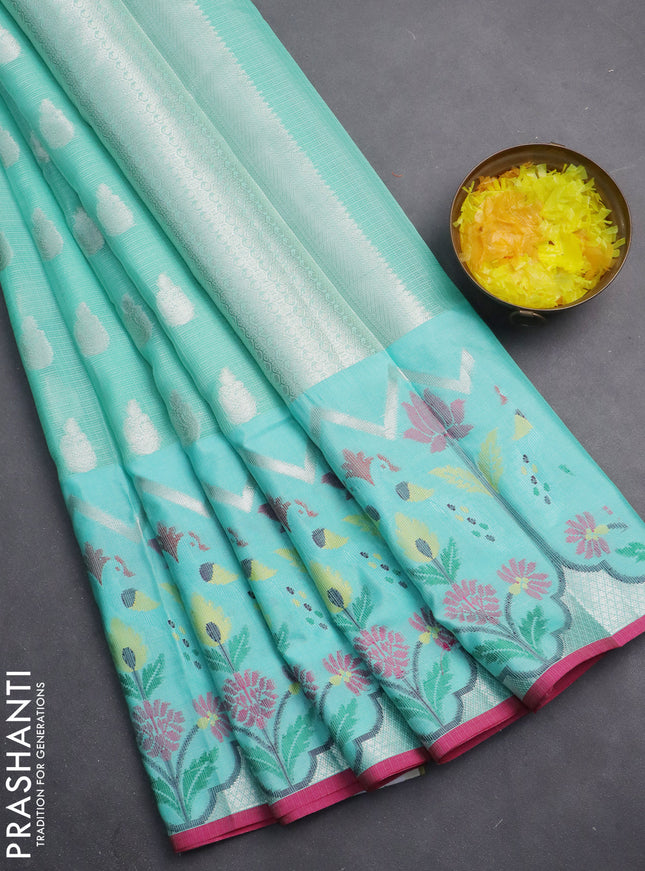 Cotton zari kota saree teal green shade and pink with silver zari woven buttas and rich zari woven border
