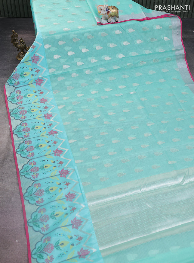 Cotton zari kota saree teal green shade and pink with silver zari woven buttas and rich zari woven border