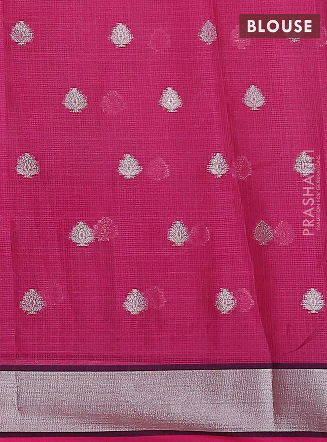 Cotton zari kota saree teal green shade and pink with silver zari woven buttas and rich zari woven border
