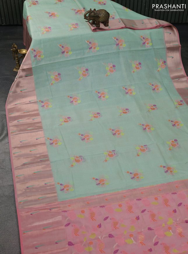 Cotton zari kota saree teal green shade and peach pink with thread woven buttas and muniya butta border
