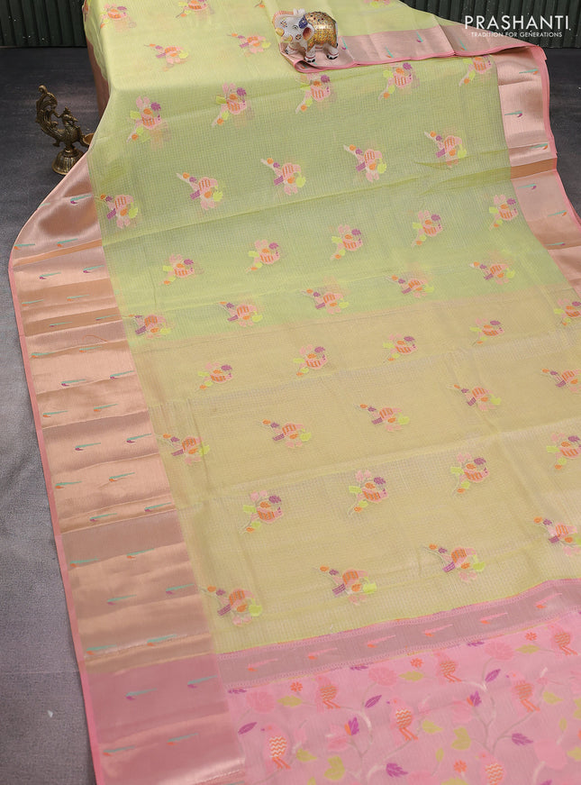 Cotton zari kota saree pista green and peach pink with thread woven buttas and muniya butta border