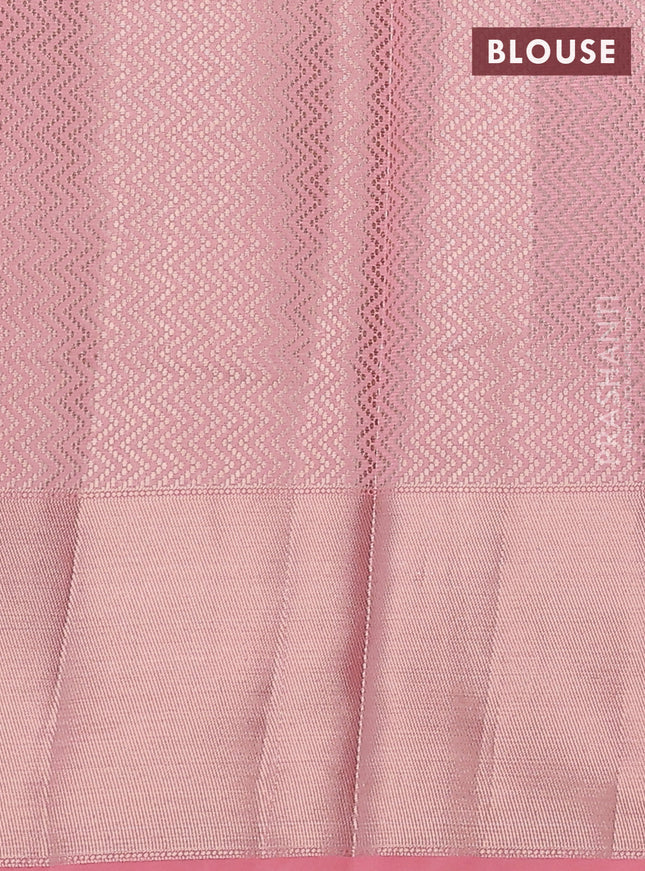Cotton zari kota saree pista green and peach pink with thread woven buttas and muniya butta border