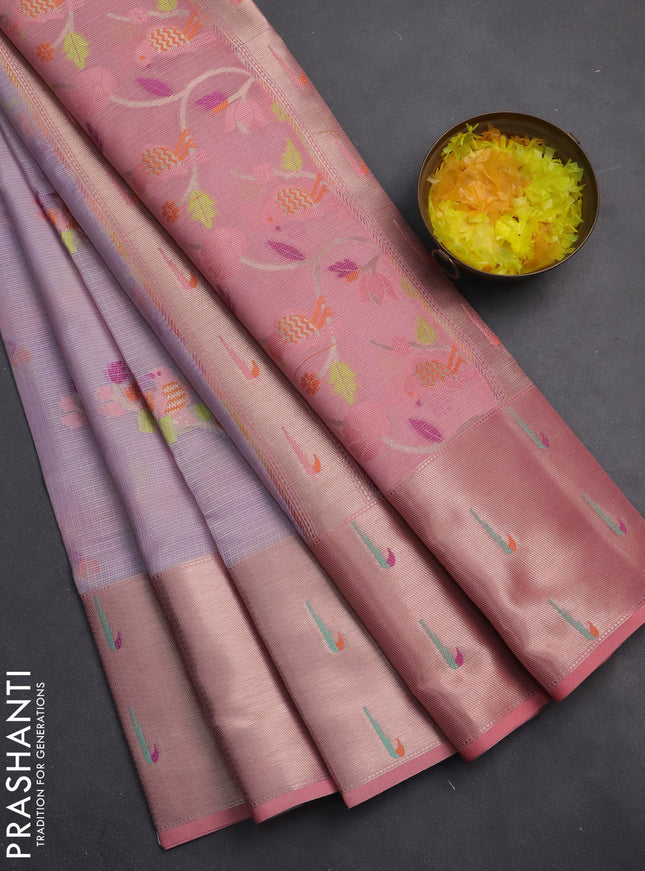 Cotton zari kota saree lavender and peach pink with thread woven buttas and muniya butta border