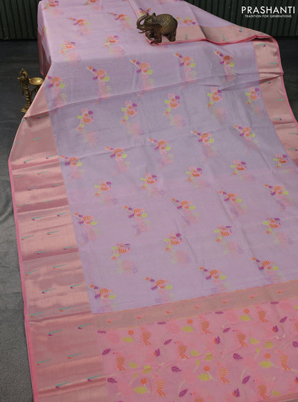 Cotton zari kota saree lavender and peach pink with thread woven buttas and muniya butta border