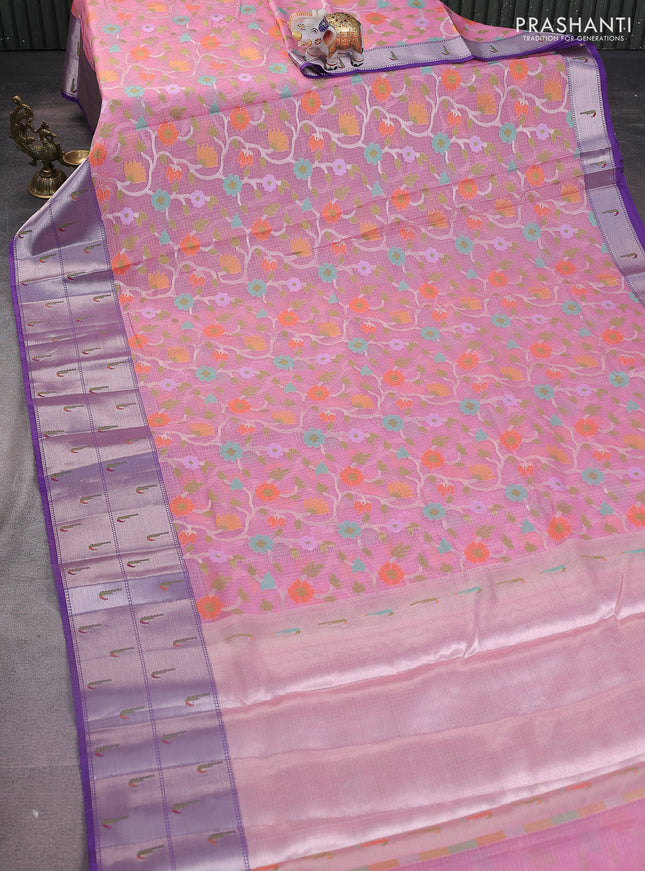 Cotton zari kota saree light pink and violet with allover silver & thread woven floral weaves and muniya butta border