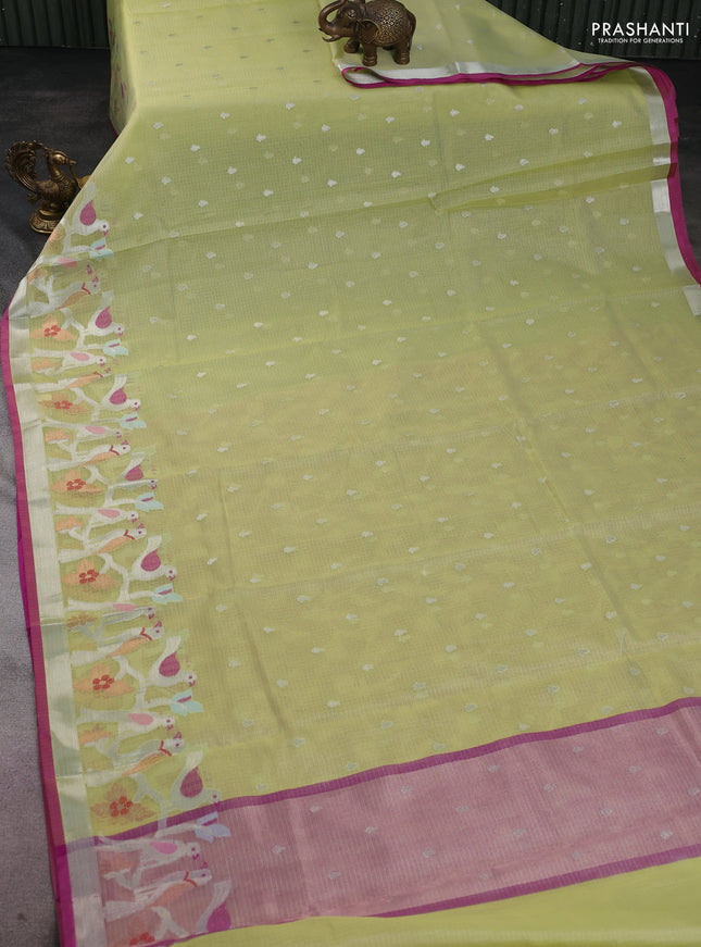 Cotton zari kota saree fluorescent green and purple with silver zari woven buttas and zari woven bird border