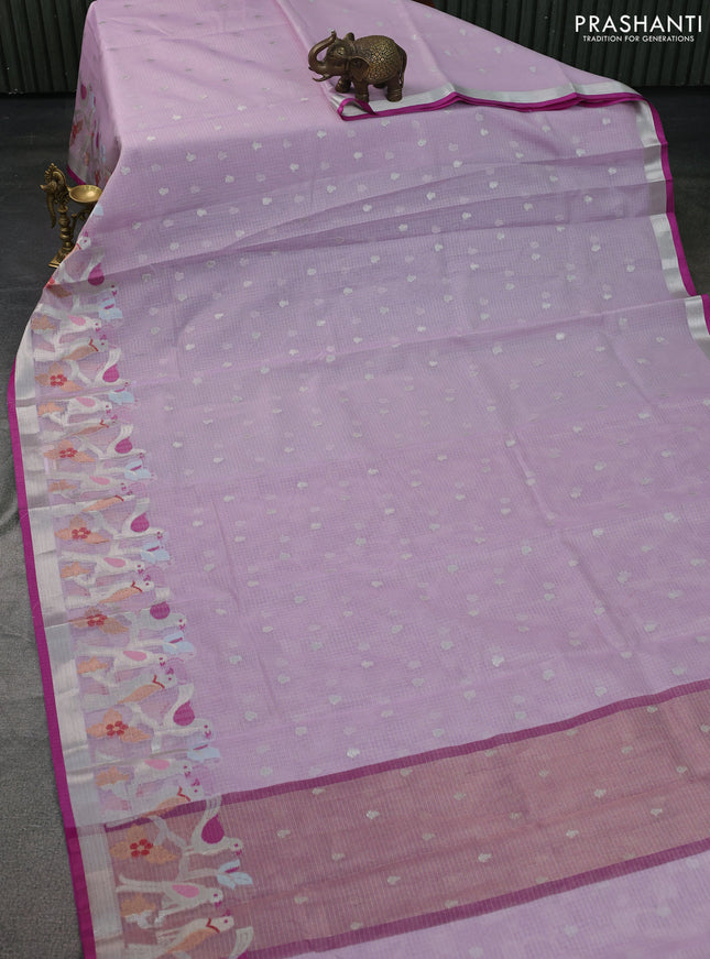 Cotton zari kota saree lavender and pink with silver zari woven buttas and zari woven bird border