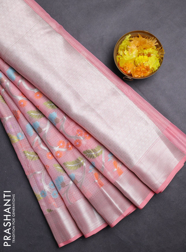 Cotton zari kota saree peach shade with allover thread & zari woven floral weaves and silver zari woven border
