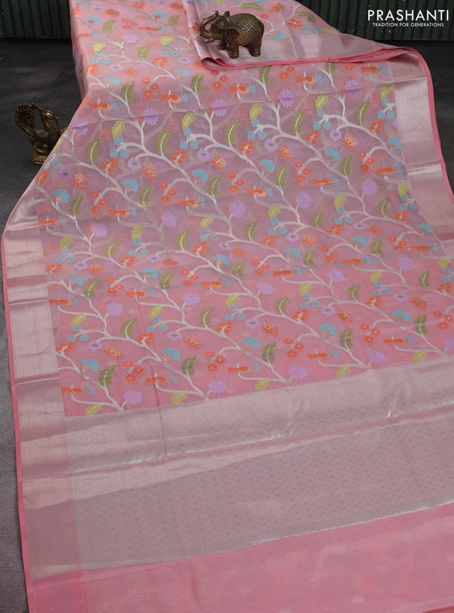 Cotton zari kota saree peach shade with allover thread & zari woven floral weaves and silver zari woven border