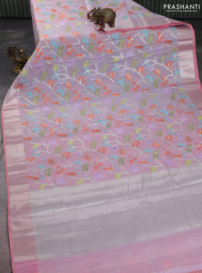 Cotton zari kota saree lavender and peach shade with allover thread & zari woven floral weaves and silver zari woven border