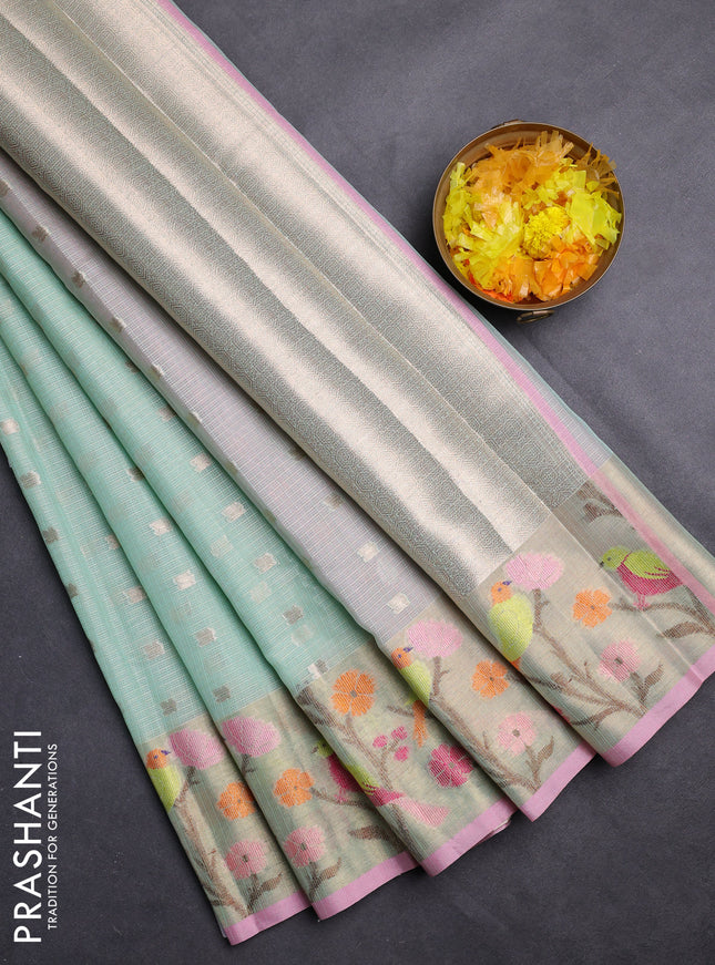 Cotton zari kota saree teal green shade and light pink with allover zari woven buttas and zari woven paithani border