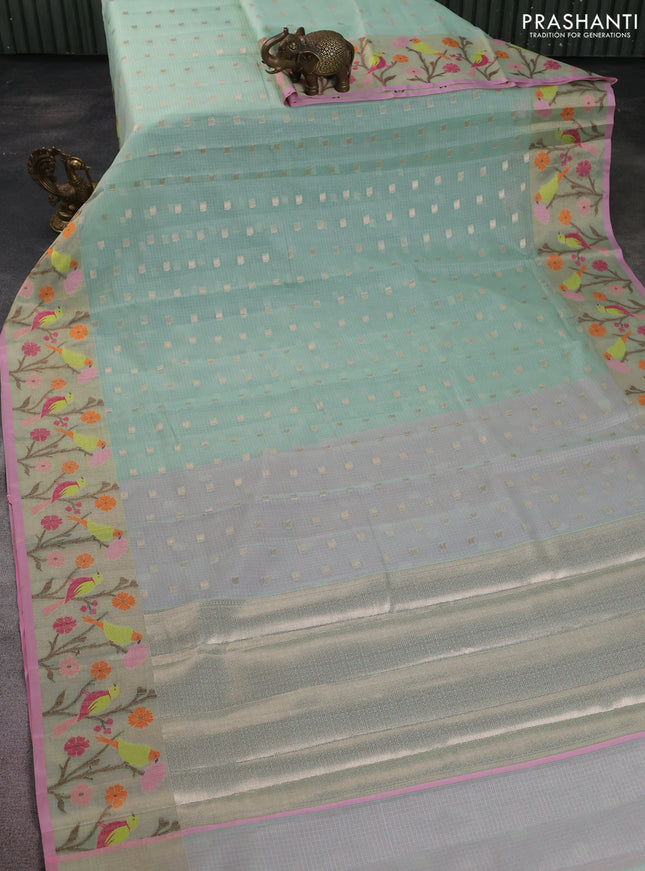 Cotton zari kota saree teal green shade and light pink with allover zari woven buttas and zari woven paithani border