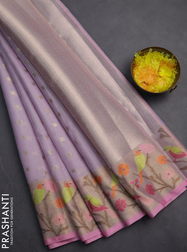 Cotton zari kota saree lavender and light pink with allover zari woven buttas and zari woven paithani border