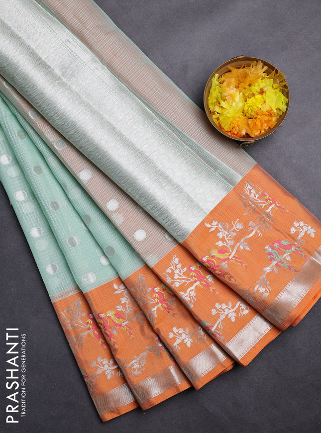 Cotton zari kota saree teal green and orange with silver zari woven coin buttas and zari woven parrot design border