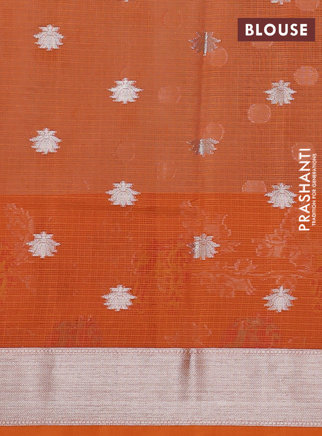 Cotton zari kota saree teal green and orange with silver zari woven coin buttas and zari woven parrot design border
