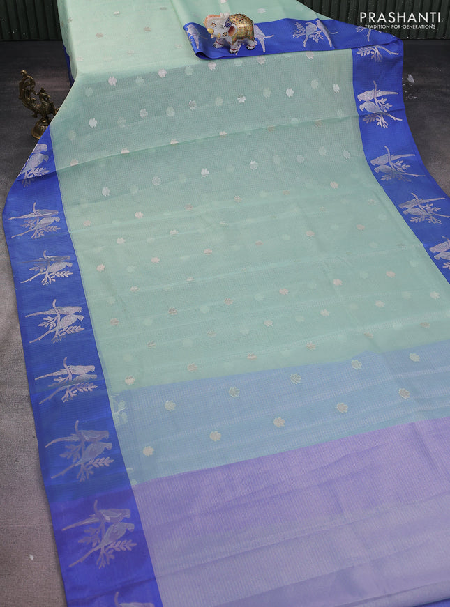 Cotton zari kota saree teal green and blue with zari woven floral buttas and zari woven butta border