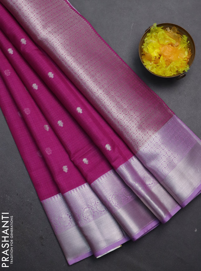 Cotton zari kota saree purple and lavender with silver zari woven buttas and silver zari woven border