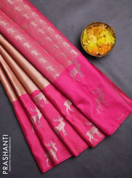 Cotton tissue zari kota saree orange and pink with allover zari woven brocade weaves and long deer zari woven butta border