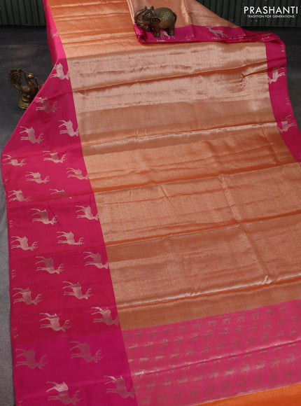 Cotton tissue zari kota saree orange and pink with allover zari woven brocade weaves and long deer zari woven butta border