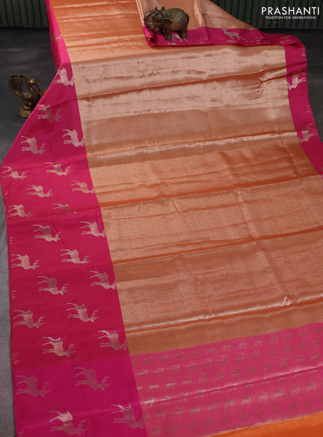 Cotton tissue zari kota saree orange and pink with allover zari woven brocade weaves and long deer zari woven butta border
