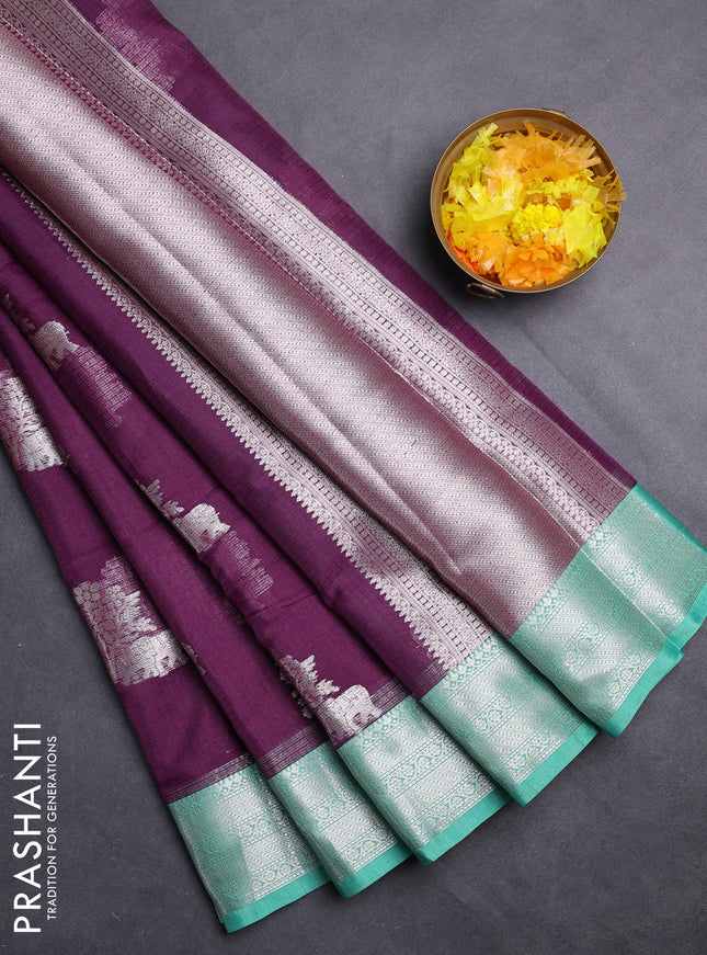 Cotton tissue zari kota saree deep purple and teal green with zari woven buttas and silver zari woven border