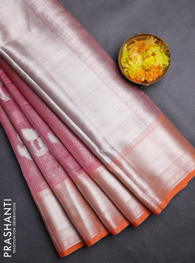 Cotton tissue zari kota saree pink and orange with silver zari woven pichwai buttas and silver zari woven border