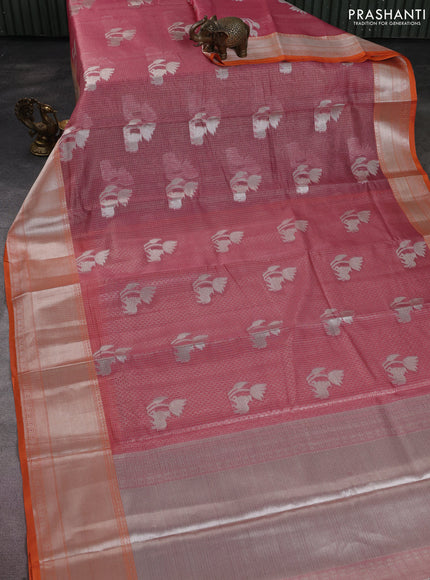Cotton tissue zari kota saree pink and orange with silver zari woven pichwai buttas and silver zari woven border