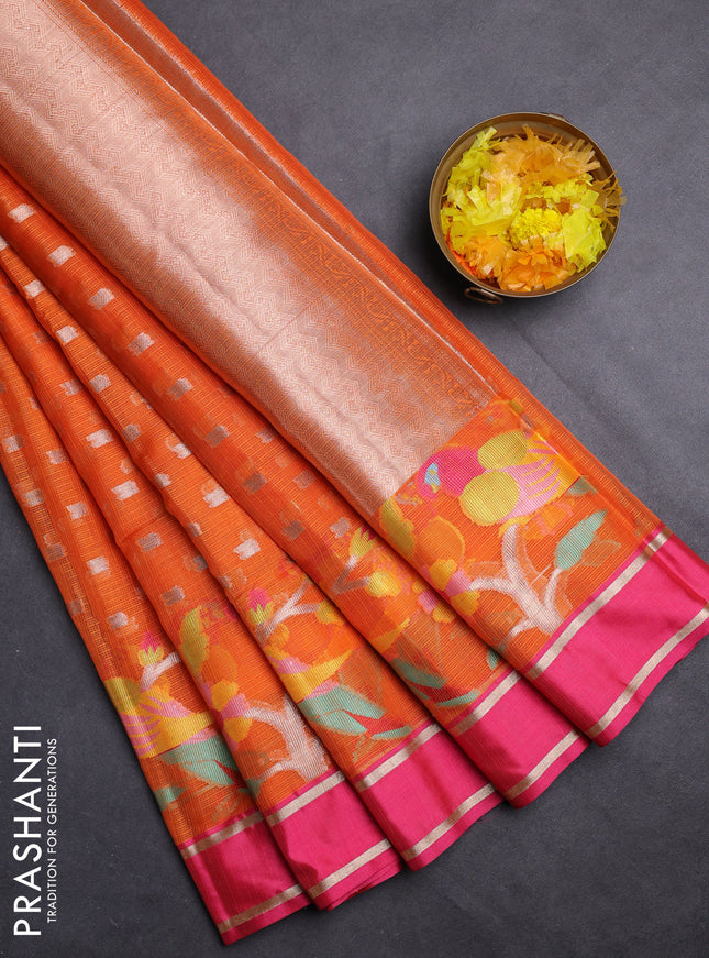 Cotton zari kota saree orange and pink with allover zari woven buttas and rettapet zari woven border