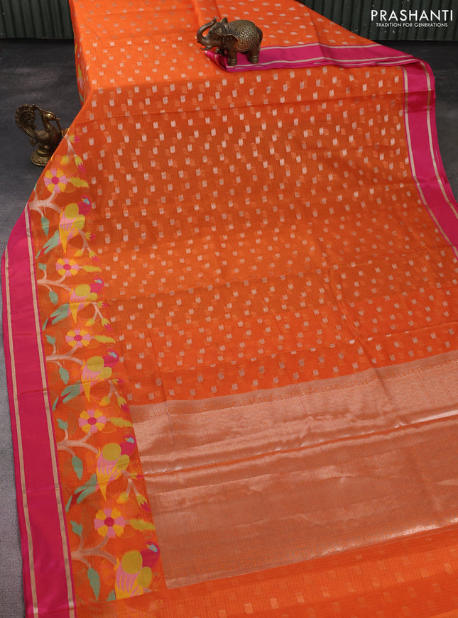 Cotton zari kota saree orange and pink with allover zari woven buttas and rettapet zari woven border