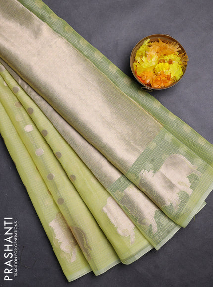 Cotton zari kota saree fluorescent green and bottle green with zari woven geometric buttas and zari woven pichwai buttas