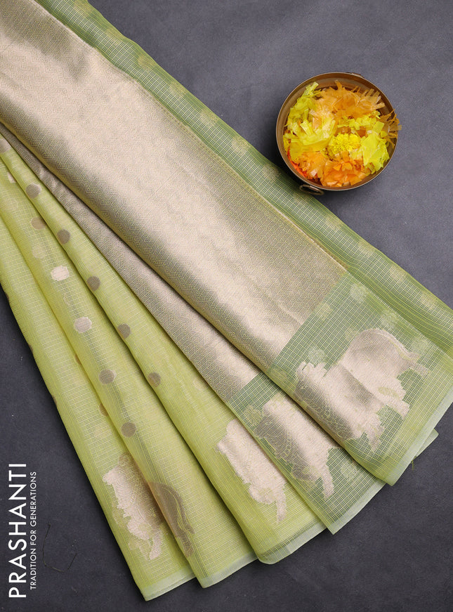 Cotton zari kota saree fluorescent green and bottle green with zari woven geometric buttas and zari woven pichwai buttas
