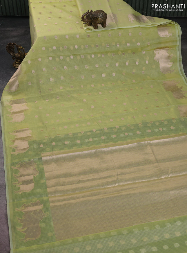 Cotton zari kota saree fluorescent green and bottle green with zari woven geometric buttas and zari woven pichwai buttas