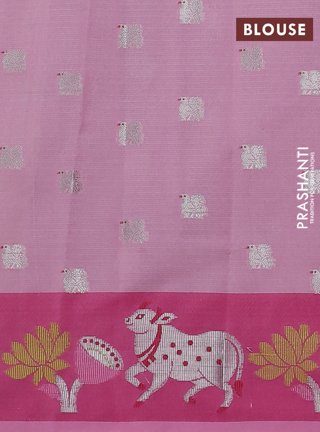 Cotton zari kota saree lavender and pink with allover silver zari woven buttas and pichwai zari woven border
