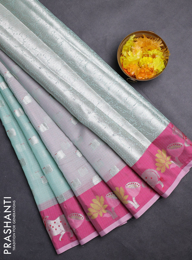 Cotton zari kota saree teal blue shade and pink with allover silver zari woven buttas and pichwai zari woven border