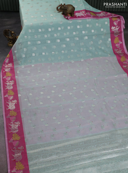 Cotton zari kota saree teal blue shade and pink with allover silver zari woven buttas and pichwai zari woven border